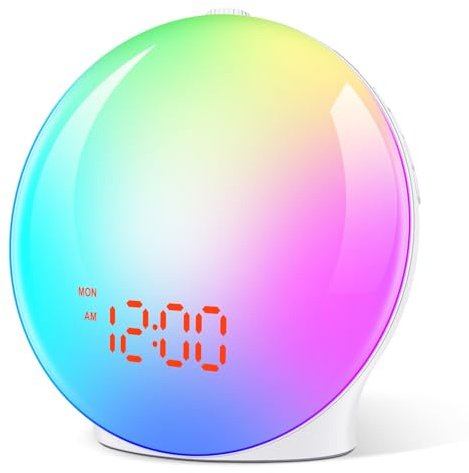 Despertador amanecer,Reloj despertador analógico con amanecer y atardecer en pantalla completa,7 luces de colores y 7 sonidos naturales,20 Niveles Brillo,Snooze Radio FM (Versión de pantalla completa)