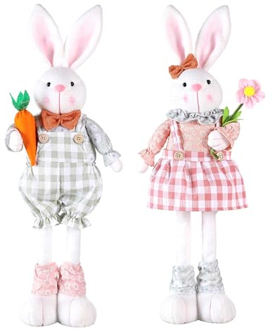 2PCS Easter Standing Bunny with Stretchable Legs 16‘‘-21‘‘ Easter Bunny Gnome Plush Decoration with Carrot Cute Rabbits Couple Figurine for Party Favor Photo Props Home Table Farmhouse Spring Decor