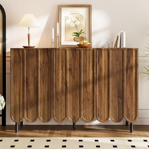 Merax Aparador de 120 x 35 x 80 cm, cómoda con puertas onduladas, sin mango, estantes ajustables, para salón, comedor o pasillo, color madera oscura