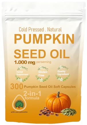 300 Pumpkin Seed Oil Capsules, 2-in-1 Pumpkin Seed Oil, Rich in Natural Essential Fatty acids, Used for Hair Growth, Heart, 100% Natural Cold Pressing, Skin Supplement, Non GMO, Gluten Free