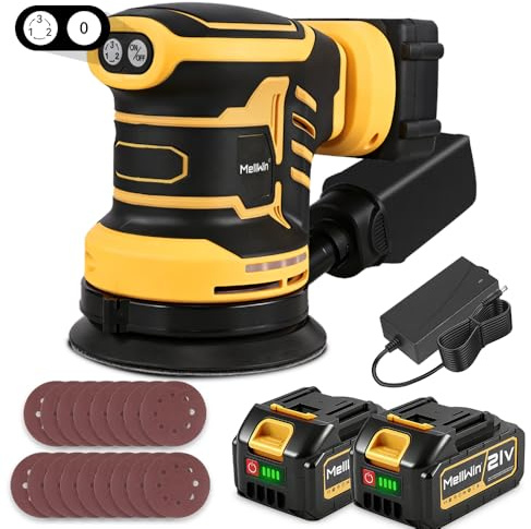 MELLWIN Electric Sander 125mm Grinding Machine with dust Bag and 15 Sanding Paper, Electric Sander for Wood Metal, 3 Mode 12000RPM Orbital Sander
