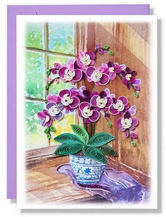 TUMYBee Happy Birthday and Mother Day Quilling Cards Flower - 3D Greeting Card Paper Handmade Art - Design Greeting Card for Christmas Birthday Anniversary Mother Thank You - Design Gift for Friend Love Mom with Envelop (Purple Orchid Flower)