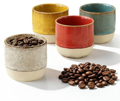 Bqkroa Juego de tazas de espresso de 230 ml: tazas de café de cerámica hechas a mano, de cristal, color amarillo+rojo+azul+blanco de gres, tazas de espresso de porcelana, para oficina, hogar