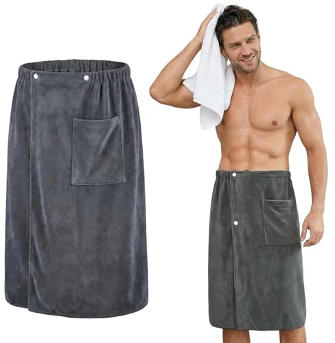 Saunakilt Herren mit Taschen 70x140 cm, Verstellbares Saunatuch mit Druckknopf & Elastischem Bund, Rutschfest & Schnelltrocknend, Saunahandtuch für Sauna, Fitnessstudio, Dusche, Spa & Strand (Grau)