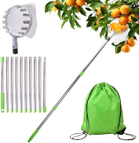 Fruktplockare med teleskophandtag, fruktplockare för körsbär, äppelplockare med rostfritt stål teleskopptunna och bomullspåse, rostfritt stål fruktsamlare för körsbär, plommonplockare