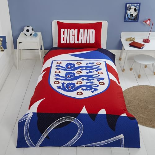 England Football Single Duvet Cover Set | Reversible Three Lions Bedding | Cotton Rich Football Bed Set for Kids, Boys, Girls & England Fans (Single)