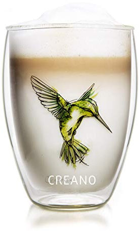 Creano Vaso Térmico Hummi, Vaso de Té de Doble Pared, Latte Macchiato, Taza Térmica con Impresión Pajaro Colibri | 250ml en Caja de Regalo Exclusiva, Verde
