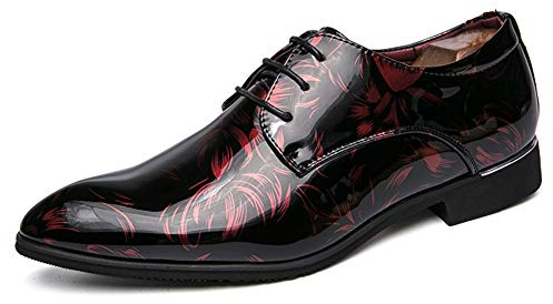Men Business Shoes Dress Pointed Toe Floral Patent Leather Lace up Oxford