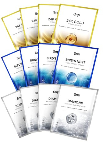 SNP Variety Ampoule Sheet Mask Set | Bird's Nest, 24K Gold, and Diamond Face Mask | Hydrating, Moisturizing, Nourishing for Sensitive Facial Skin | Korean Face Masks Skincare | 12 Sheets