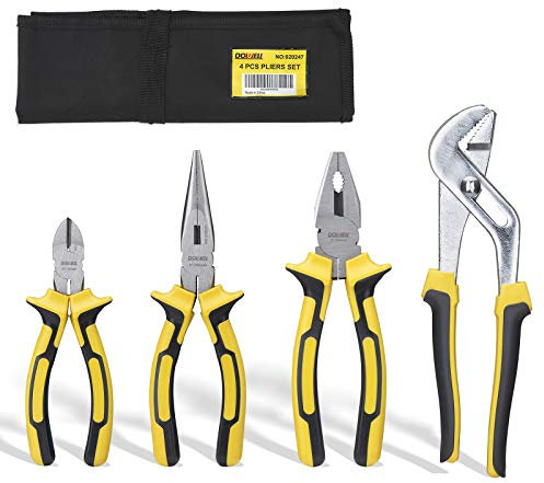 DOWELL Pliers Set - 4 Piece Kit with Storage Pouch: 8-Inch Long Nose, Linesman, 6-Inch Diagonal, 10-Inch Groove Joint Pliers