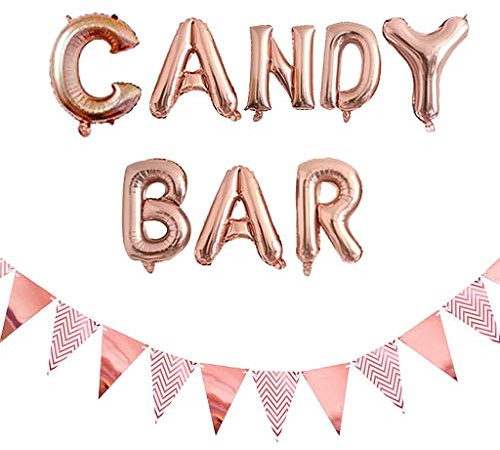 Ouceanwin Candy Bar Rosegold Zubehör, Riese Luftballon Candy Bar und 12pcs Glitter Wimpel Girlande Bunting Banner für Hochzeit Party Weihnachten Geburtstag Dekoration Event Supplies