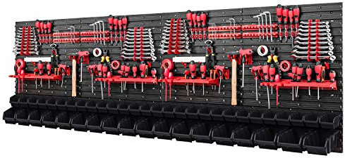 Werkzeugwand Stapelboxen - 2304 x 780 mm - Lagersystem SET Werkzeughaltern und 46 Schwarz Boxen - Wandregal Werkstattregal Lochwand Schüttenregal Sichtlagerkästen