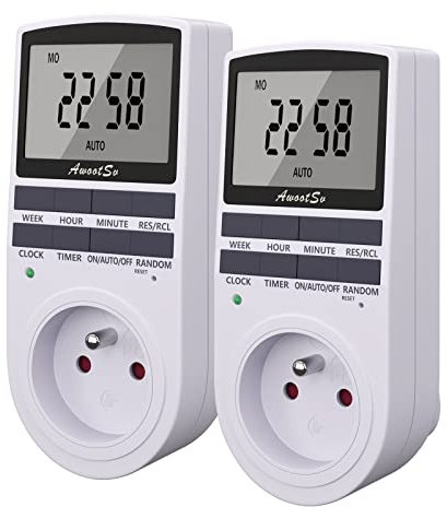 Awootsv Prise Programmable Digitale Minuterie Numérique Journalier/Hebdomadaire Programmateur Prise Electrique avec Ecran LCD et Mode Aléatoire (2 Pack)