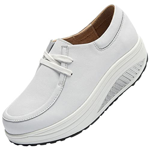 rismart Leather Platform Shoes Women Comfort Casual Walking Trainers White,6.5