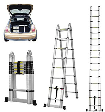 Scala telescopica portatile compatta in alluminio 5 m (2,5+2,5 m) allungabile scala leggera pieghevole estensibile scala 16 gradini capacità 150 kg per indoor outdoor EN131