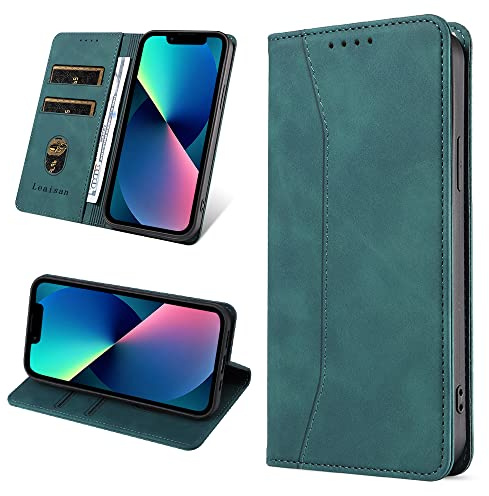 Leaisan Handyhülle für iPhone 13 Hülle Premium Leder Flip Klappbare Stoßfeste Magnetische [Standfunktion] [Kartenfächern] Schutzhülle für iPhone 13 Tasche - Malachitgrün