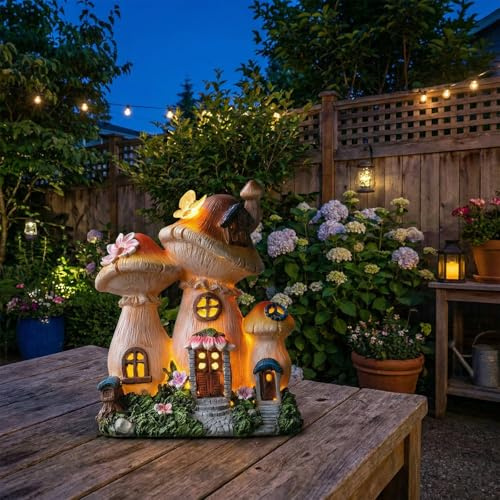 Candieslife Solar Garden Statue Lights Mushroom Mothers Day Decorations Fairy House Figurine Lights, Outdoor Memorial Garden Ornaments Waterproof Decoration for Outside Patio Yard Lawn Decor