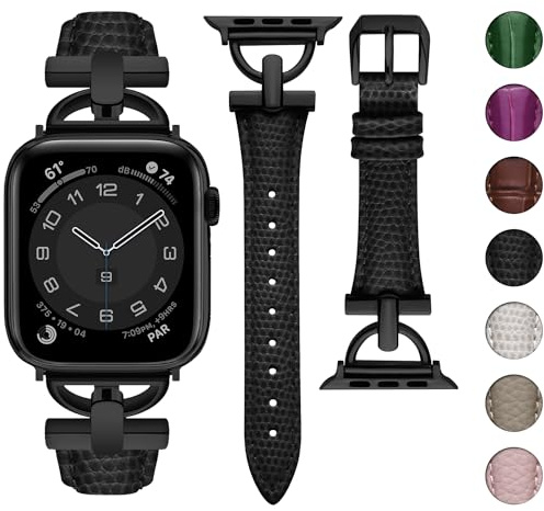 wutwuk Armband i äkta läder för Apple Watch, 42 mm (S11/10)/41 mm/40 mm/38 mm D-format metallspänne, armband för iWatch SE 3/2/1, serie 11/10/9/8/7/6/5/4/3/2/1, svart