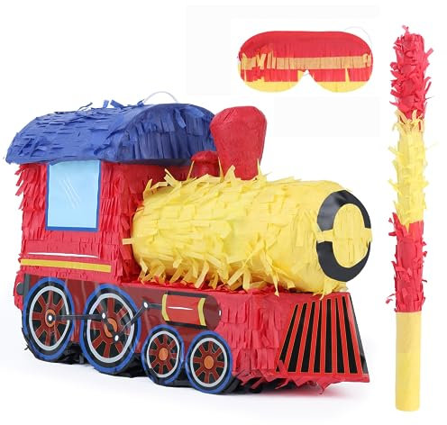Birchio Paquete de piñata de tren 3D con venda para los ojos y murciélago (42 x 28 x 17cm), piñata de tren para niños, suministros de fiesta de cumpleaños, fiesta temática de tren,