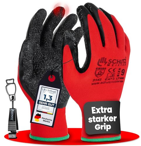 schutzmeister 12 Paar Premium Latex Paar Arbeitshandschuhe Herren - Größe 9/L - Schutzhandschuhe mit flüssigkeitsabweisender Beschichtung, feines Tastgefühl, Handschuhe für Privat & Gewerbe