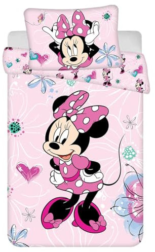 Jerry fabrics Minnie Mouse Bettwäsche Set Minnie Maus Flowers 02'' Baby Bettwäsche 100x135 + 40x60 cm, 100% Baumwolle