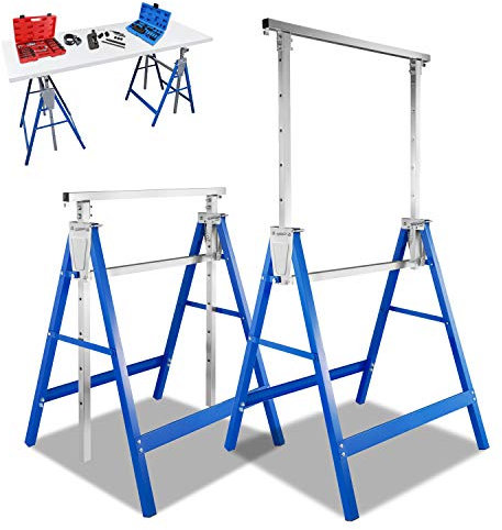 Vkechh Set di 2 cavalletti per ponteggi, 200 kg, regolabile in 7 posizioni, 81-130 cm, pieghevole, in metallo, colore: blu