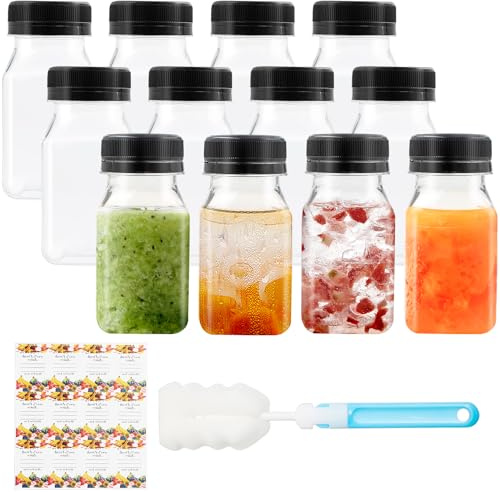 Mooshy 12 Pack 4oz/120ml Shot Bottles with Lids, Juice Bottles | Small Plastic Bottles, Reusable Smoothie Bottle, Suitable for Milk Drink Containers, Includes Fruit Stickers