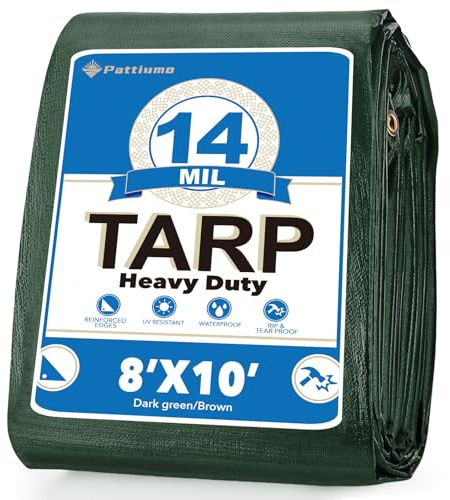 Pattiumo Tarp Waterproof 8×10 FT 14 Mil Heavy Duty Tarp Multipurpose Tarps Heavy Duty Waterproof Protective Cover UV All Weather Resistant for Shelter Camping, Green/Brown