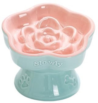 Aquainno Pet Slow Feeder Bowl, erhöhte und geneigte Keramik für Katzen und kleine Hunde, verhindert Erbrechen und Ersticken (Rosa)