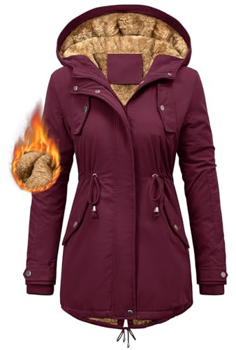 CMTOP Cappotto Donna Invernale con Cappuccio Foderati Giacca Antivento in Pile Termici Elegante Giubbotto Lungo Spessa Parka Cappotto Imbottito Casual con Tasche e Coulisse(Bordeaux, M)