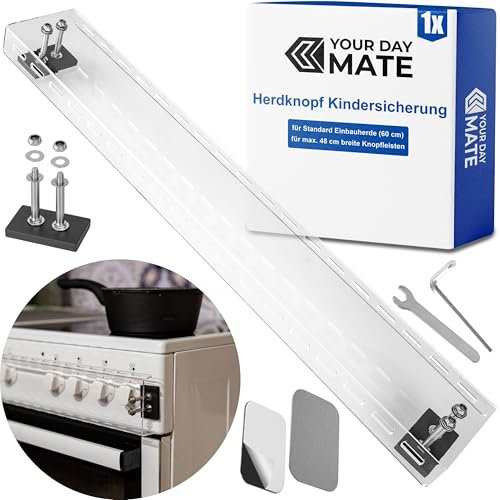 Herdknopf Kindersicherung, 1 Set, aus Acrylglas, in Transparent, Babysicherung mit Magnetbefestigung, Schutz für Standard Herde mit max. 48 cm breiter Schalterreihe, Herdknöpfe Schalter Abdeckung