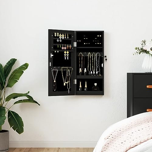 Brokky Schmuckschrank mit Spiegel Wandmontage Schwarz 30x8,5x67 cm Ketten Aufbewahrung Nagellack Regal