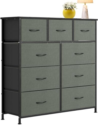 SUBTLETY Kommoden Schrank Stoffkommode mit 9 Schubladen Metallgestell Sideboard Schubladenschrank mit Griff, Holzwerkstoff Kleiderschrank für Schlafzimmer Wohnzimmer Flur Büro (Hanfgrau)