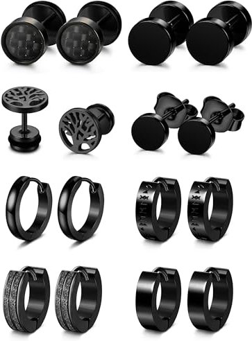 YADOCA 8 Paare Ohrringe Herren Schwarz Ohrringe Männer Edelstahl Hypoallergen Ohr Piercing Schwarz Creolen Ohrring für Männer Jungen, B