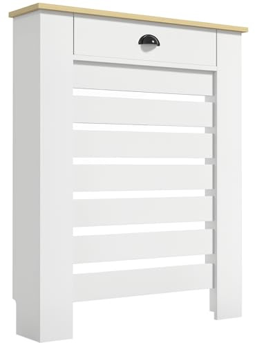 HOMCOM Couvercle de radiateur, cache radiateur, grille à lattes horizontales, avec tiroir, pour salon, chambre à coucher, couloir, en bois, 78 x 19 x 95,5 cm, blanc