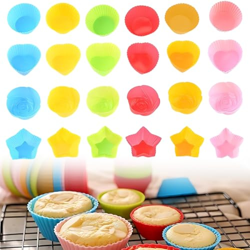 WHYCNJL Set di 24 Pirottini Silicone, Stampi in Silicone per Cupcake e Muffin, Riutilizzabili,per Muffin Senza BPA Tazze per Muffin*-Rotondo, Cuore, Rosa, Stella -6 colori