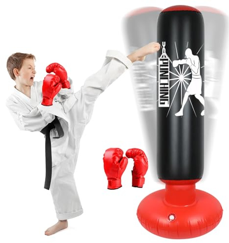 Qoosea Saco de Boxeo Niños, 160cm Bolsa de Boxeo Inflable de Pie con Guantes, Punching Ball Estable para Karate Kickboxing MMA, Regalo Ideal para Niños y Niñas de 3-12 años