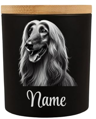Girahlutions Leckerliglas | Kerzenglas Deco Glas Lichtglass Teelichtglas Matt Schwarz 400ml mit Bambusdeckel | Gravur Hunderasse Hund mit Name Personalisiert (Afghanischer Windhund)