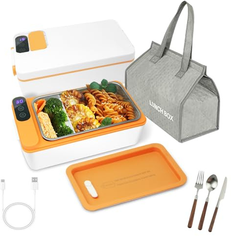 SL Euthtion Cordless Electric Lunch Box, Battery Powered Heated Lunch Box，Food Heate 1L Adjustable Heating time Comes with Tableware and Insulated Bag Used for Trucks, Camping, Offices