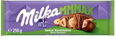 Milka MMMAX Ganze Haselnüsse Tafelschokolade, 250 g | Köstliche Schokolade aus zartschmelzende Alpenmilch Schokolade mit ganzen Haselnüssen, Großtafel