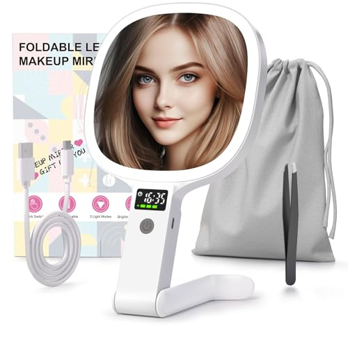 Robofun Espejo de Maquillaje con iluminación y Pantalla LED para Tiempo – Nivel de batería – Brillo, Espejo de Maquillaje de Mano con iluminación, Espejo de Aumento 1X/10X con Interruptor Delantero
