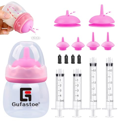 Gufastoe Flacone da allevamento per animali domestici, gattini e cuccioli, per kit di allattamento, con nipplo e siringhe per tutte le razze di cuccioli, gattini e altri animali, 15 pezzi, rosa