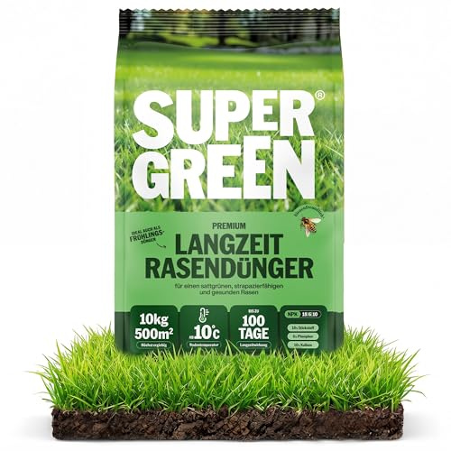 SUPERGREEN Rasendünger Langzeit bis 100 Tage | 10 kg für 500m² | NPK 18-6-10 für schnellen, sattgrünen, dichten Rasen | Nitratfrei & staubfreies Granulat (2-5 mm)