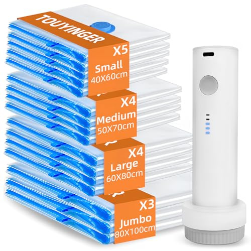 TOUYINGER Vacuum Storage Bags for Clothes, 16 Pack Travel Vacuum Bags with Wireless Pump, Reusable Space Saver Bags for for Travel and Home