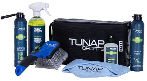 TUNAP SPORTS Rennrad & Gravel-Set, Fahrradpflege Komplettset mit Tasche | Antriebsreiniger, Kettenwachs Ultimate, Fahrradreiniger & Rahmenpflege, Bürste, Tuch & ION-Bag