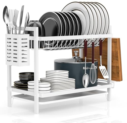 Scolapiatti da Appoggio 2 Livelli Scolapiatti Per Bancone Da Cucina, Scolapiatti da Lavello con Vassoio Gocciolatoio, Posate, Portabicchieri, Antiruggine Colapiatti, Adatto a Famiglia, Nero