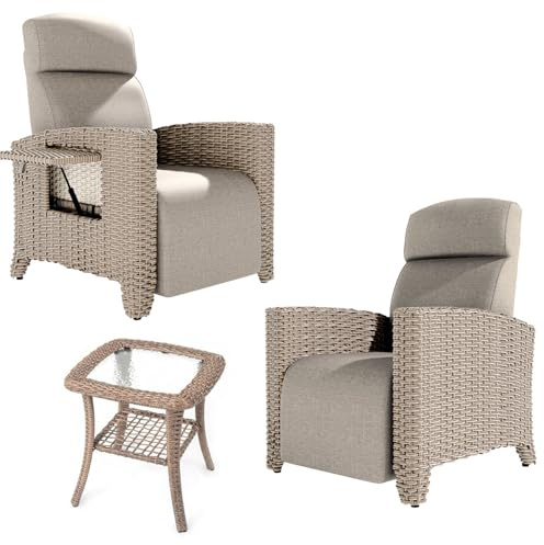 ONKBOITE Tumbona de Relax y Juego de Mesa Auxiliar, Sillón de Ratán, Respaldo Ajustable, con Cojín Grueso, Adecuado para Interior y Exterior (Marrón+Almendra Tumbona: 2) + (Mesa Auxiliar Marrón: 1)