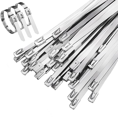 Kiiyoo 50 Pcs Stainless Steel Cable Ties 4.6 x 200 mm 304 Stainless Steel Zip Ties Silver Tie Wraps for Exhaust Wrapping Binding Tie Garden Home Repair