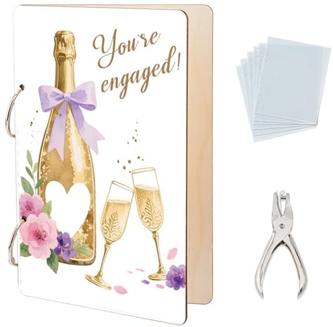 SUPERDANT Champagne and Flowers Greeting Card Organizer You're Engaged Postcard Binder Wooden Cards Keeper Storage Engagement Gift 2-Rings Photo Album for Wedding Party with Punch and 20 Pockets