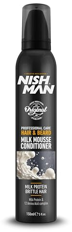 NISHMAN Hair & Beard Milk Mousse Conditioner 200ml - Leave-In Treatment for Dry & Brittle Hair with Milk Protein & 12 Amino Acids - Lightweight Repairing Mousse for Men
